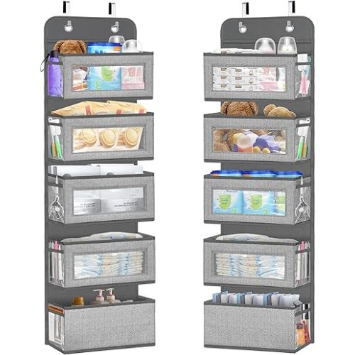 1 Pack Over the Door Organizer with Side Pockets, Hanging Storage Diaper Organizer with 5 Shelf Large Clear Window for Nursery,Baby Kids,Bathroom,Closet,Pantry