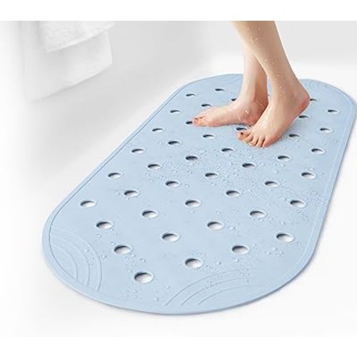 Rubber Bathtub Mat Shower Mat Non-Slip, 31x14 Inch, Bath Tub Floor Mat with Suction Cups and Drainage Holes, Light Blue