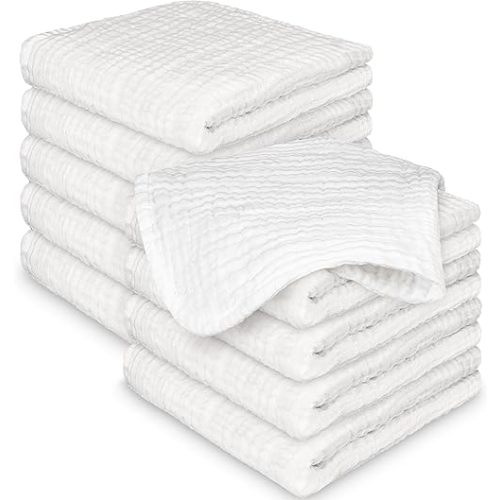 10-Pack Muslin Baby Washcloths for Newborn – 12x12" Soft Absorbent Organic Cotton Muslin Wash Cloths for Babies Girl, Boy, Infant, Toddlers, Kids Face Towel,Bath Essentials,Baby Burp Rags (Soft White)