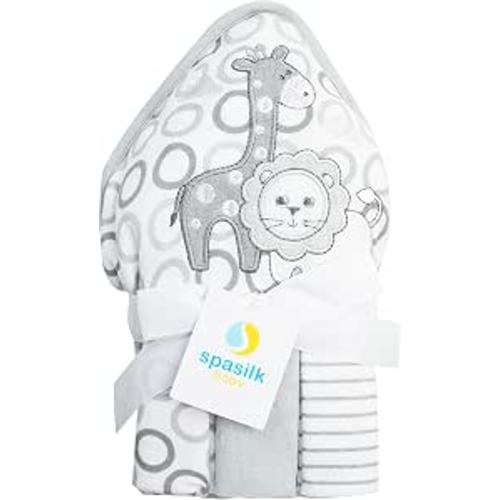 Spasilk 4-Piece Soft Terry Hooded Bath Towel and Washcloth Set, 1 Baby Towel and 3 Baby Washcloths for Newborn Boys and Girls, Gray Lion