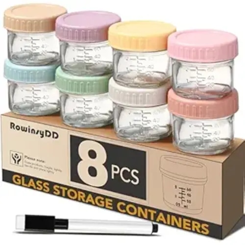 RowinsyDD 8 Pack Glass Baby Food Storage Containers, 4 oz Leakproof Baby Food Jars with Lids, Small Glass Food Containers for Infant Baby, Freezer Safe