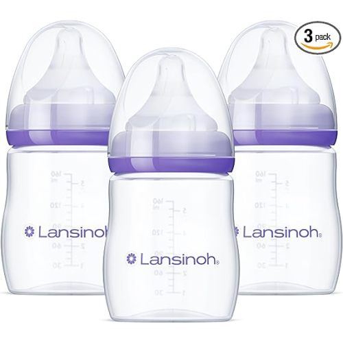 Lansinoh Anti-Colic Baby Bottles for Breastfeeding Babies 3 Pack 160 ml - 5 Oz Includes 3 Slow Flow Nipples Size S