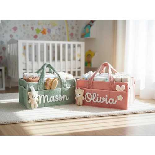 Personalized Plush Baby Storage Basket, Custom Nursery Organizer with Name, Soft Diaper Caddy with Bear, Baby Shower Gift, Nursery Decor