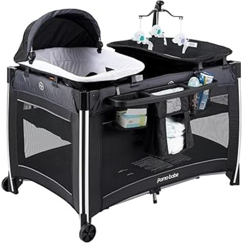 Pamo Babe 4 in 1 Baby Playards with Bassinet & Changing Table, Portable Crib Breathable Mesh and Toy Mobile
