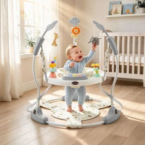 TODECARE 3-in-1 Baby Activity Jumper – 360° Rotating Seat, 3-Level Adjustable Height, Interactive Toys, Removable Foot Mat, Gray