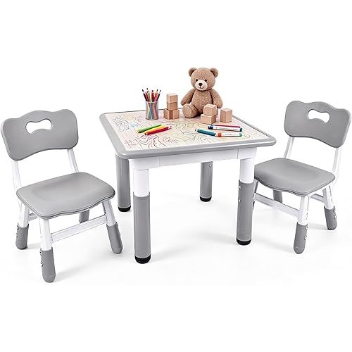 Pterying Toddler Table and Chair Set, Graffiti Tabletop, 2 Chairs, Grey