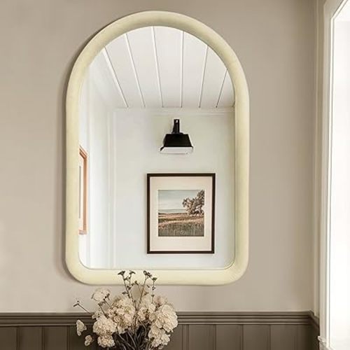 36"x24" Arched Bathroom Mirror, Wall Mounted Vanity Velvet Frame Mirror for Bedroom, Entryway, Living Room, Cream White