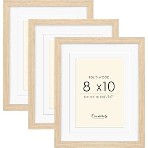 8x10 Picture Frames Matted for for 5x7 and 6x8 Picture, Set of 3 Solid Wood Picture Frame with Tempered Real Glass, Wall Gallery Frame Set for Tabletop or Wall Mounting Display (3 Pack of Oak)