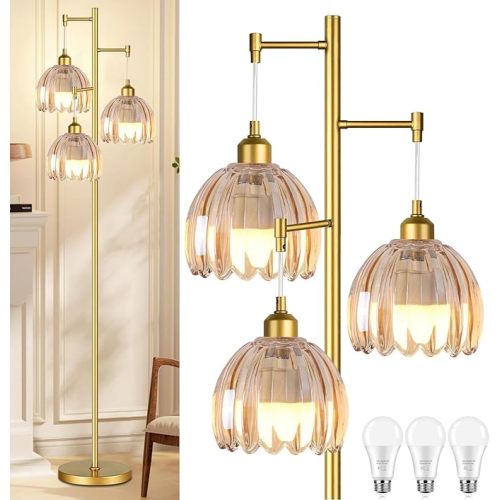 Modern Floor Lamp for Living Room Bedroom-3 Light Gold Floor Lamp with Glass Lampshape, Flower Tall Lamp Glass Standing Lamp Tree Floor Lamps for Living Room Bedroom,Corner