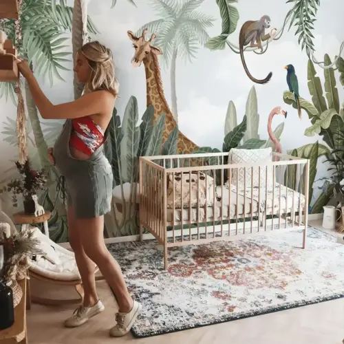 Kids Nursery Pink Flamingo and Cute Giraffe Safari Animals Wallpaper Mural • Wallmur®