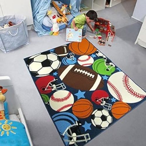 Blue Kids Rug Fun Sport Rugs Nylon Carpet Boys Girls Childrens Rug Balls Print with Soccer Ball, Basketball, Football, Tennis Ball Bedroom Playroom (100x130cm(39''x51''))