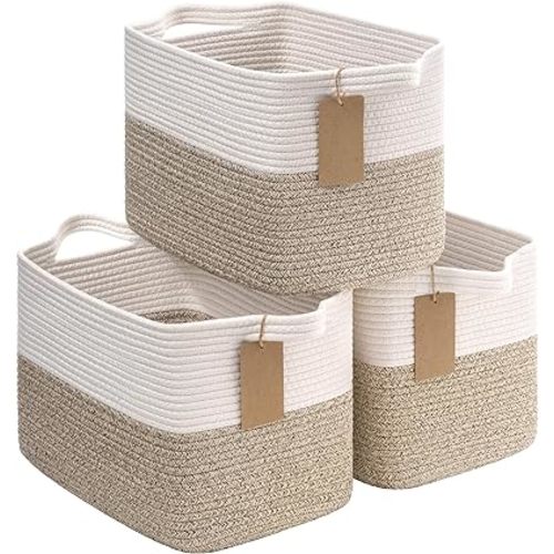 Goodpick Woven Baskets for Storage, Empty Gift Basket with Handles, Cube Organizer Bins, Small Laundry Basket for Shelves, Dog Toy Baskets, 13 x 10 x 9 Inches, 3 Pack