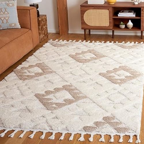 SAFAVIEH Moroccan Tassel Shag Collection Area Rug - 5'3" x 7'6", Ivory & Beige, Non-Shedding & Easy to Clean, Plush High-Low Texture, Ideal for Living Room, Bedroom, Dining Space (MTS688B)