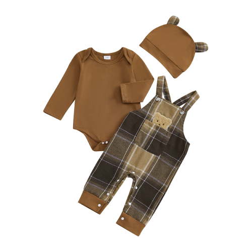 Bagilaanoe 3Pcs Newborn Baby Boys Overalls Set Long Sleeve Romper Tops + Plaid Suspender Pants + Hat 3M 6M 9M 12M 18M Infant Fall Clothes