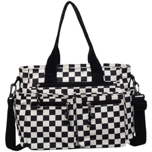 Checkered Multi-Pocket Tote Bag with Zipper, Large Capacity Shoulder Handbag with Detachable Strap