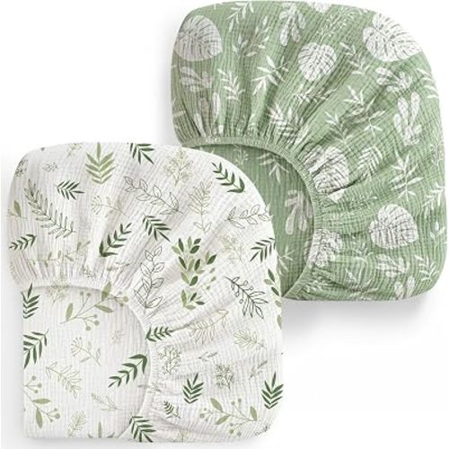 2 Pack Baby Muslin Crib Sheets for Boys Girls 52" x 28" (Green Leaf)
