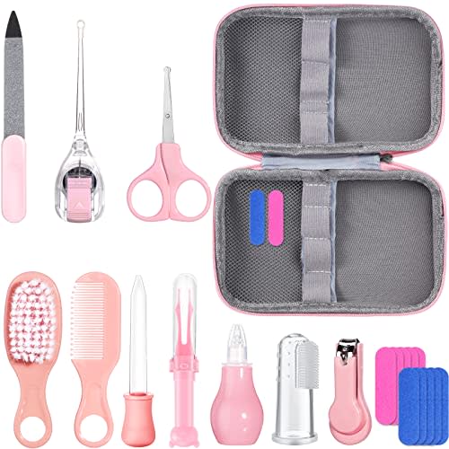 Baby Grooming Kit 12 in 1 Portable Baby Healthcare Safety Care Set, Hair Brush Comb Baby Nail Clippers Nasal Aspirator Set for Nursery Newborn Infant Girls Boys Keep Clean (Pink)