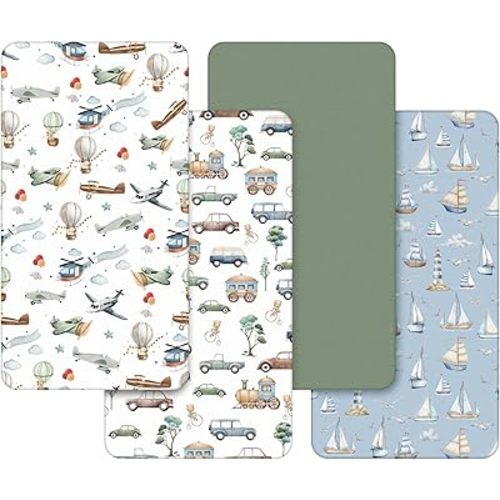 VitalCozy 4 Pcs Car Plane Train Truck Pattern Crib Sheet Set Newborn Bedding Nursery Baby Sheets for Girl Boys Baby Gifts for Standard Crib and Toddler Mattresses, 52 x 28 x 8 Inches