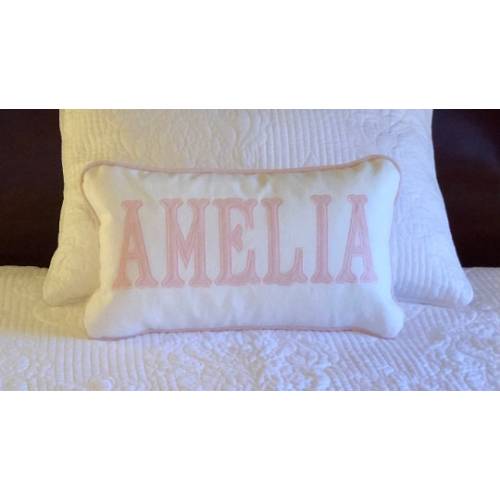 Applique pillow cover, NAME and piping trim color of your choice, 100% white linen