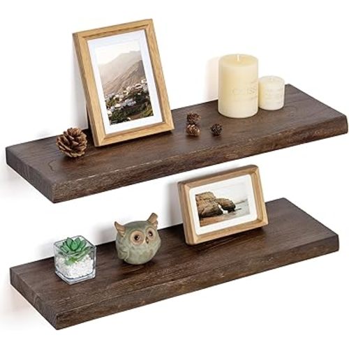 Floating Shelves for Wall Decor, Rustic Solid Elm Wood Live Edge Floating Shelves Wall Mounted, Wall Shelves with Invisible Bracket for Living Room Bathroom Bedroom Kitchen, 24 Inch Set of 2, Walnut