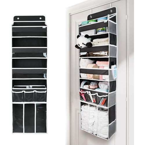 Door Hanging Storage Organizer,with 3 Bins 1 Movable Baby Diaper Caddy,1 Large capacity diaper stacking storage Organizer,10 Side Pockets ,Bedroom Door Storage for Nursery Baby Essentials. (Dark grey)