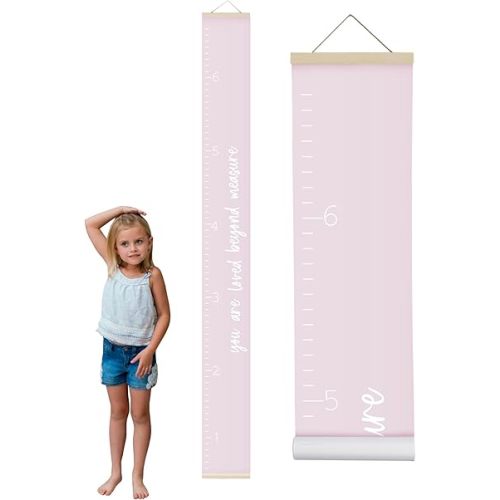 Morxy Canvas Growth Chart for Kids - Unisex Room Wall Decor - Measuring Height Wall Tape (Loved Beyond Measure- Pink)