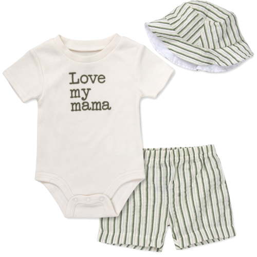 Baby Essentials Baby Boy 3 Piece Outfit Set with Bucket Hat, Spring & Summer Travel Baby Outfit Gift Set (6 months,Love My Mama Green Stripes)