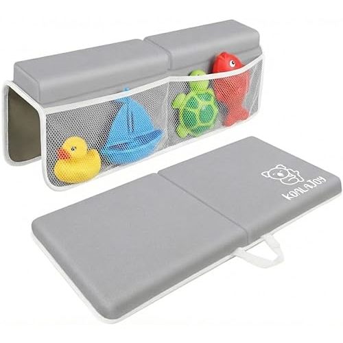 Premium Baby Bath Kneeler & Elbow Rest Pad Set – Thick Memory Foam Cushion – Non-Slip Mat with Mesh Toy Organizer – Baby Bathing Essentials for Parents – Gray