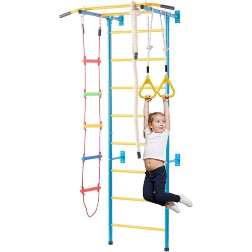 VEVOR Indoor Jungle Gym for Toddlers, 5-in-1 Climbing Playset with Carbon Steel Swedish Ladder, Wall Ladder, Pull-Up Bar, Rope Ladder, and Gymnastic Rings, Supports 220 lbs, Multicolor