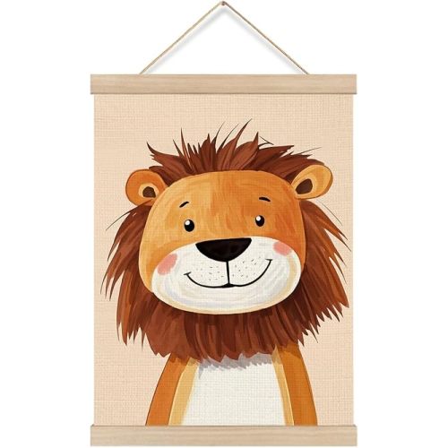KRHFG Lion Animal Wall Art Poster Framed, Animal Nursery Decor, Cute Cartoon Lion Hanging Canvas Prints Wall Decor for Toddler Kids Room Bedroom Dorm Nursery Playroom, 12x16 Inch