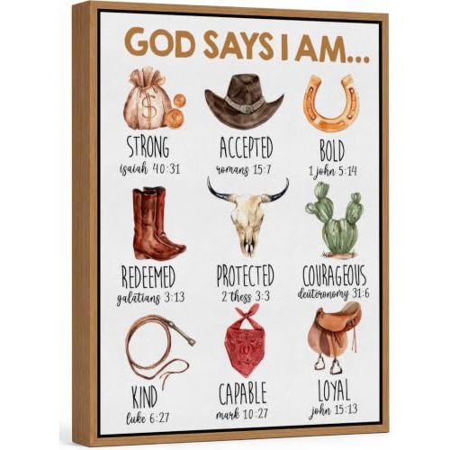 Framed Christian Nursery Canvas Wall Art 8x10in | God Says I Am Inspirational Bible Verses Western Cowboy Pictures Wall Decor Poster Print Artwork for Kids Girls Bedroom