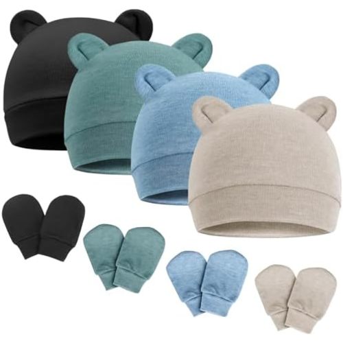 Newborn Baby Hat and Mittens Set Bear Ears Toddler Infant Beanie Caps Newborn Hospital Hat for Baby Boy Girl 0-3 Months