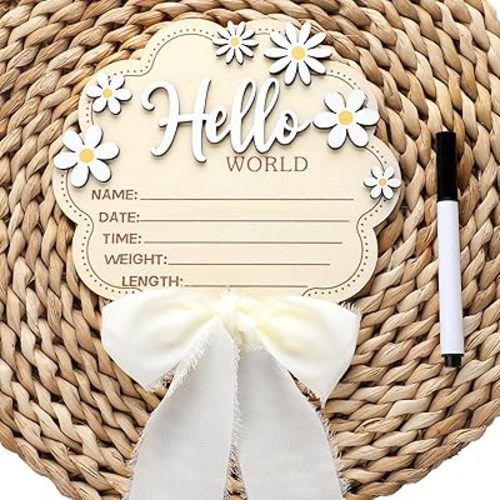 Amyhill Letrero de anuncio de nacimiento de bebé con lazo blanco de 6.1 pulgadas, letrero de bienvenida personalizado de madera para hospital, guardería, regalos para futuras madres