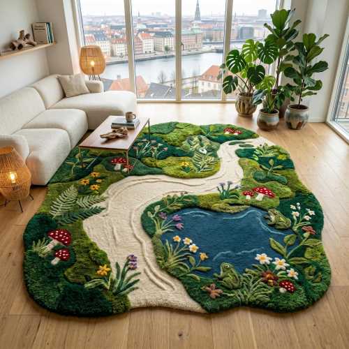 Hand Tufted Wool Forest Landscape Rug, Woodland Moss Botanical Nature Carpet, Kids Room Decor