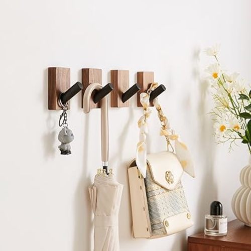 4 Pack Walnut Wood Wall Hooks for Hanging, Adhesive & Drilling Mounted, Decorative Wooden Coat Hooks Wall Mount for Blanket Towel Robe Key Clothes Bag Hat Closet Backpack Holder Black Pegs