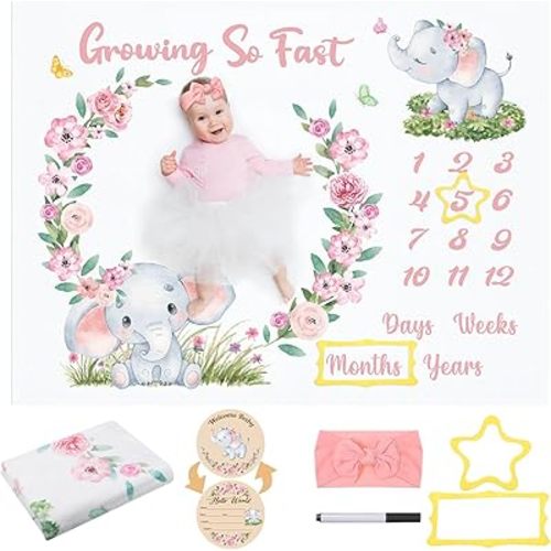Auidy_6TXD Baby Milestone Blanket Monthly Milestone Blankets for Baby Girls Newborn Baby Blankets Photography Background Fleece Blankets with Wooden Signs, Frames, Bow Headband 50x39 inches