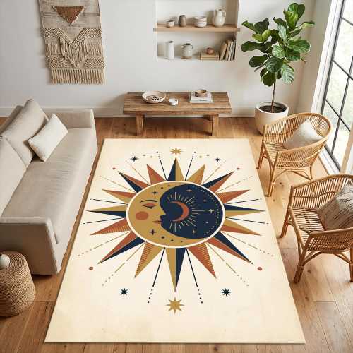 Celestial Sun and Moon Area Rug | Mystical Bohemian Floor Mat | Navy Blue and Terracotta Home Decor | Non-Slip Washable Astrology Carpet