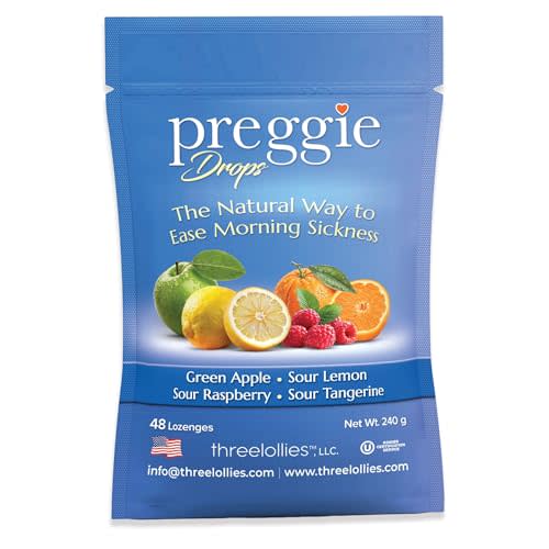 Three Lollies Preggie Pop Drops - 48 Lozenges - Ease Morning Sickness During Pregnancy, Made with Essential Oils & Fruit Extracts - Natural Lozenges for Nausea, Lemon, Tangerine, Raspberry & Apple