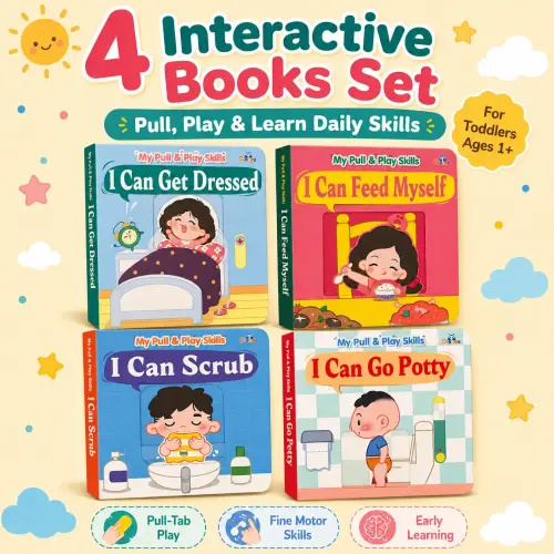 Diobee My Pull & Play Skills Board Book Set - 4 Interactive Pull-Tab Early Learning Activity Books, Compact for Travel, for Toddlers Ages 1+, Focused on Daily Routines, Self-Care, Fine Motor Skill Development, Ideal for Baby Showers, Holidays, Board Books