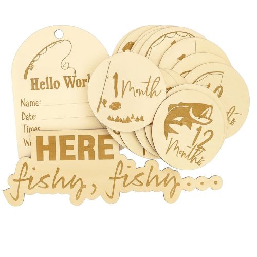 SM Design Baby Milestone Markers Set of 12 + Birth Announcement Sign | Monthly Baby Photo Props | First Year Milestones | Nursery Wall Decor | Hobby Theme (Fishing)