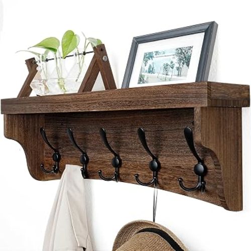 WEBI Rustic Coat Rack Wall Mount with Shelf,24" Long Wall Shelf with Hooks Underneath,5 Triple Hooks for Hanging Jacket,Bathroom,Entryway,Weathered Brown