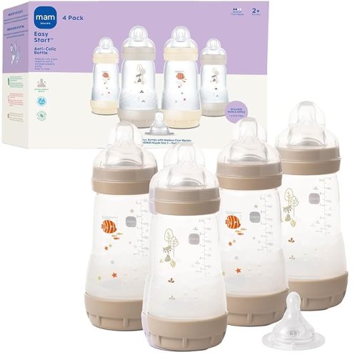 MAM 9oz Easy Start Anti-Colic Baby Bottles, Medium Flow with Bonus Fast Flow Nipple, Breastfeeding-Like Silicone, Reduces Colic and Gas, Easy-to-Clean, BPA-Free, 2 Plus Months