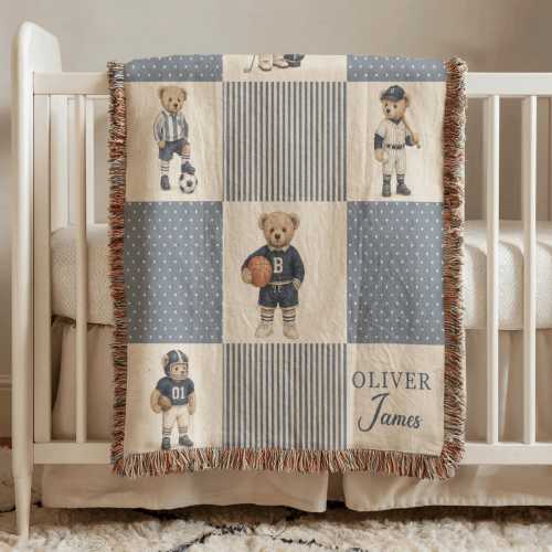Personalized Vintage Sports Teddy Blanket, Custom Baby Boy Woven Throw, Neutral Nursery Keepsake Gift For Kids Room