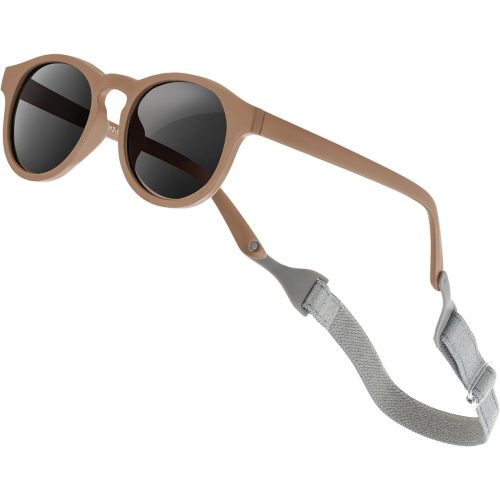 VideMundi Baby Sunglasses with Strap Polarized Flexible UV400 for Infant Toddler Boys Girls Age 0-24 Months (Light Brown, Round)