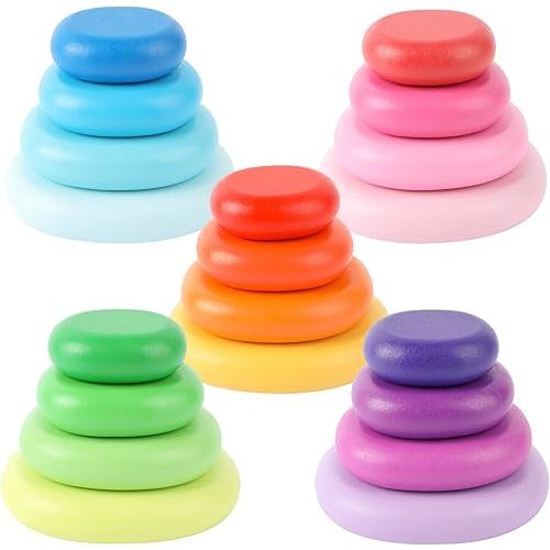 WODI Wooden Rainbow Stacking Stones 20Pcs Wood Sorting Balancing Rocks Blocks Montessori Educational Toys for Toddler Kids 3 Years Up Developing Skills