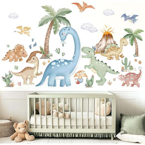 Large Boho Dinosaur Wall Stickers Watercolor Dino Tropical Plants Volcano Peel and Stick Wall Art Decals for Baby Nursery Kids Bedroom Playroom