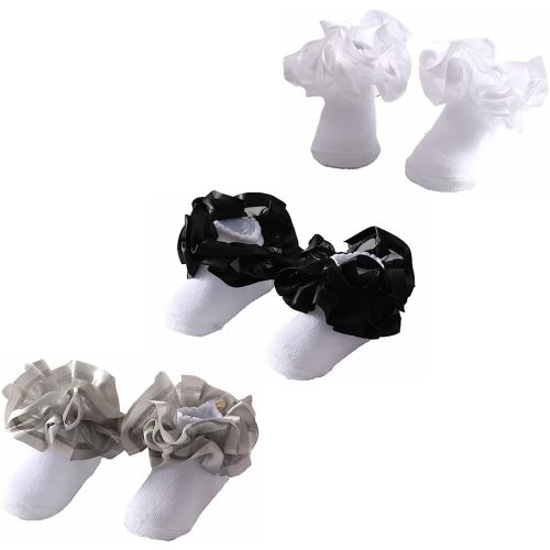 3 Pairs 3D Three-dimensional Ruffled Lace Cotton Socks,Cute Double Big Lace Dress Princess Socks for Girls - 3pairs-black/White/Grey