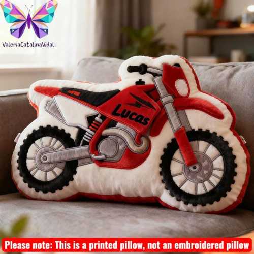 Personalized Dirt Bike Pillow for Kids, Custom Name Motorcycle Cushion, Boys Room Decor Gift | Faux embroidery printed pillow