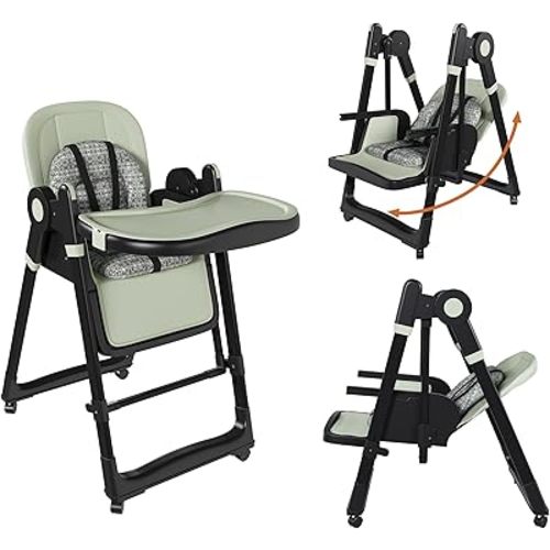 Foldable Baby High Chair with 150° Swing & Recline,Convertible High Chairs for Babies and Toddlers,5 Height Levels,3 Backrest & Footrest Positions,Removable Double Tray,Lockable Wheels (Dark Green)