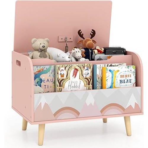 Costzon Kids Wooden Toy Box w/Front Bookshelf, Toy Storage Organizer w/ 4 Solid Wood Legs, Flip-top Lid, Safety Hinge & Cut-Out Handle, Toy Chest for Kids Room, Playroom, Nursery & Classroom